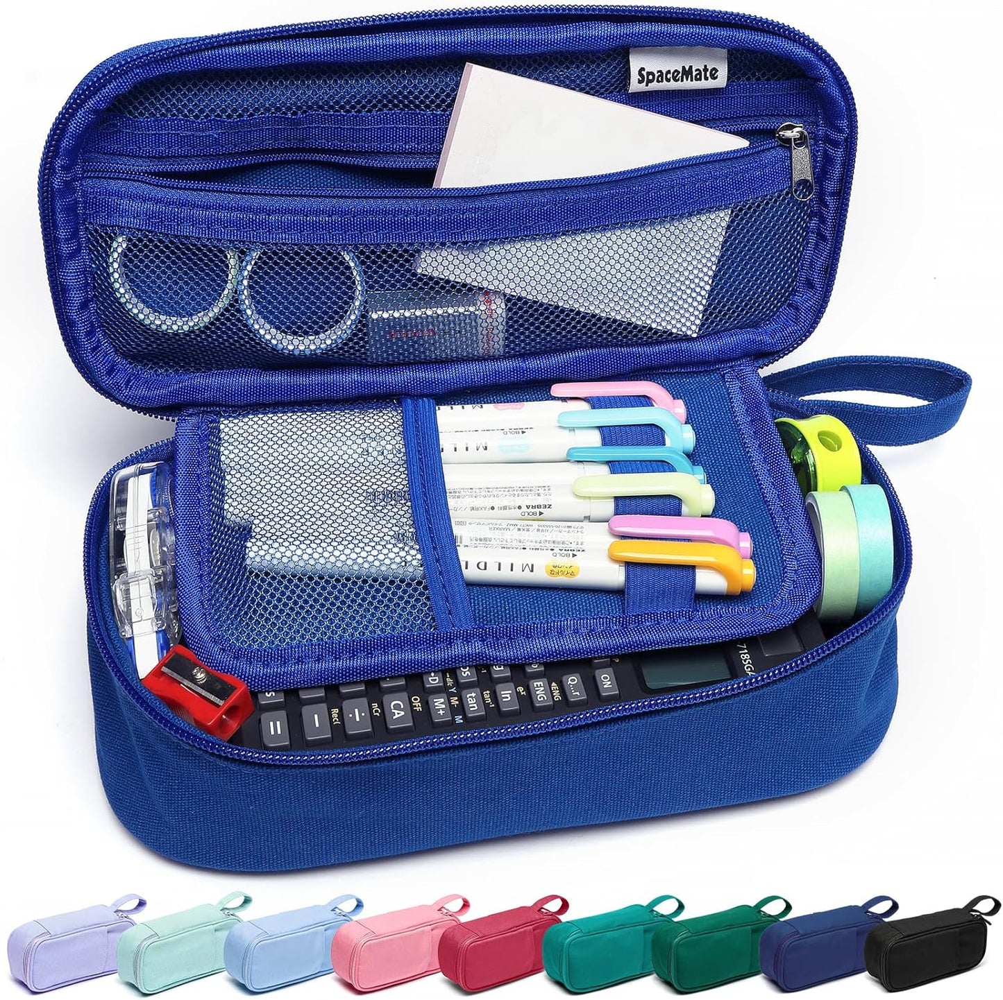 Pencil Case Pouch Box Bag School Supplies Girls Boys Kids, Cute Preppy Stuff Large Big Capacity Aesthetic Pen Organizer, Back to College Stationary, Sapphire Blue, Heavy Duty Canvas, 1800ml