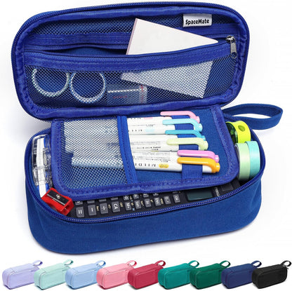 Pencil Case Pouch Box Bag School Supplies Girls Boys Kids, Cute Preppy Stuff Large Big Capacity Aesthetic Pen Organizer, Back to College Stationary, Sapphire Blue, Heavy Duty Canvas, 1800ml