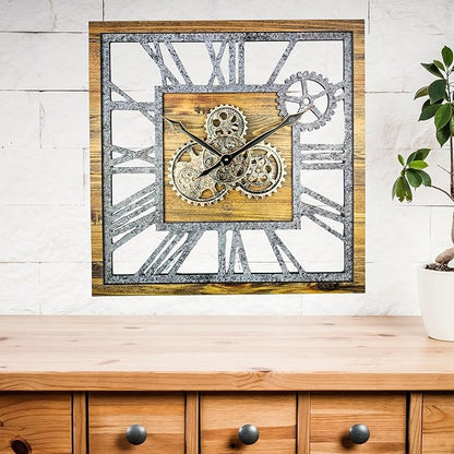 ImprovingLife The Gears Clock 24'' Inch Square Real Moving Gear Wall Clock Vintage Industrial Oversized Rustic Farmhouse (Wood and Stone)