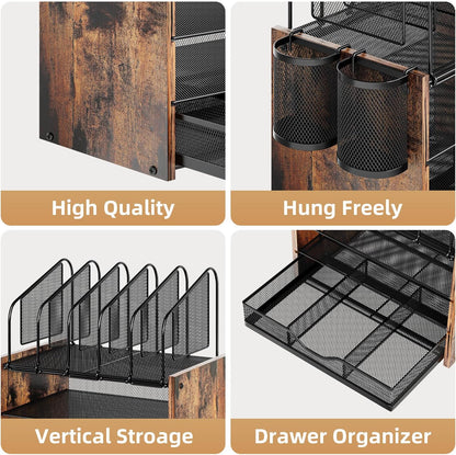 Marbrasse Desk organizer with Drawer, 4-Tier Wooden File Organizer with 5 Vertical File Holders and 2 Pen Holders, Desk Organizers and Accessories for Home Office - Dark Brown