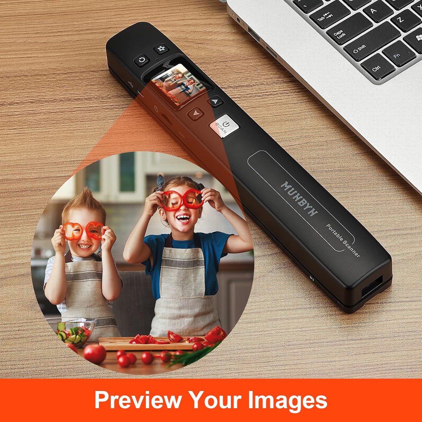 MUNBYN Portable Scanner, Photo Scanner for Documents, Pictures, Texts at 1050 DPI, Flat Scanning, Includes 16GB Card, Wand Document Reader with Wi-Fi or USB for Uploading to PC/Phone, No Driver Needed
