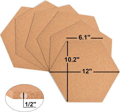 SUNGIFT Hexagon Cork Board Tiles Self Adhesive 6 Pack - 1/2" Thick Corkboards for Wall 12" x 10.2" Memo Boards Pin Board Decorative Bulletin Board for Office Home Kitchen - 50 Multi-Color Push Pins