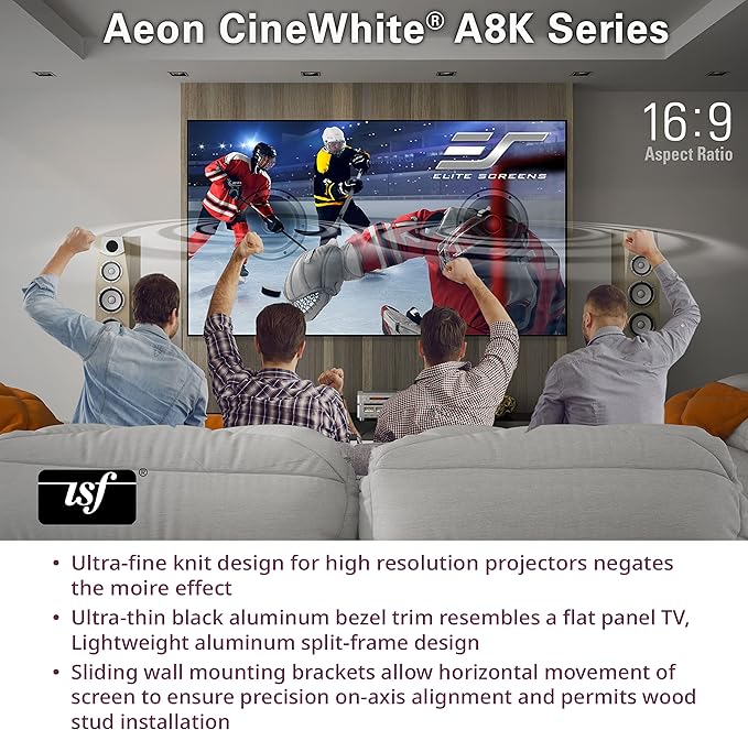 Elite Screens Aeon CineWhite A8K, 123" Diag, 16:9 Aspect Ratio, ISF Certified 8K Ultra HD Home Theater Fixed Frame Edge Free Projection Sound Transparent Perforated Weaved Screen, AR123H-A8K