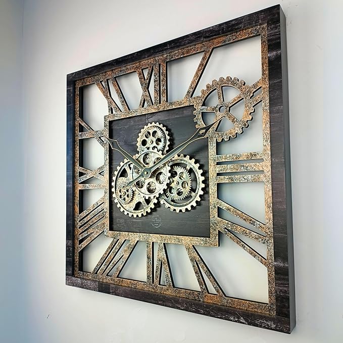 ImprovingLife The Gears Clock 24'' Inch Square Real Moving Gear Wall Clock Vintage Industrial Oversized Rustic Farmhouse (Vintage Black)