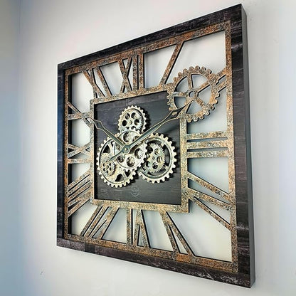 ImprovingLife The Gears Clock 24'' Inch Square Real Moving Gear Wall Clock Vintage Industrial Oversized Rustic Farmhouse (Vintage Black)