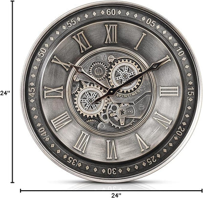 CLXEAST 24 Inch Large Moving Gear Wall Clock for Living Room Decor, Antique Silver Metal Roman Numerals Wall Clocks for Home Office