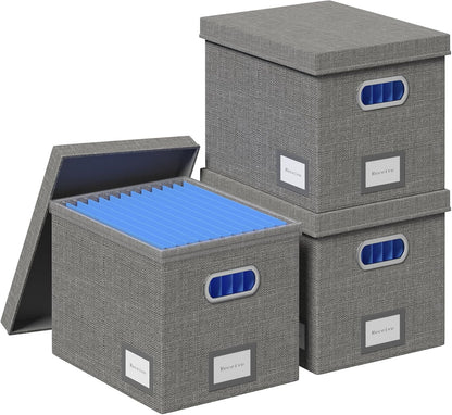File Organizer Box File Boxes for Hanging Files with Lid Set of 3 Decorative Hanging Folders Letter Size Organizer with One-Piece Plastic Frame Slides (13.2 * 10.1 * 10.1in(3Pack), Grey)