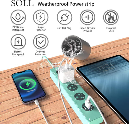SOLL IPX9 Outdoor Power Strip Weatherproof, Surge Protector Power Strip with 3 Outlet and 3 USB Charging Ports(2 USB C), 6FT Extension Cord for Patio, Garden, Bathroom, Kitchen, Garage, Office