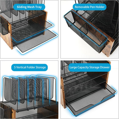 Wood Desk Organizers and Accessories, 4-Tier Workspace Desktop Paper Organizer with Drawer, 5 Vertical File Holders and Pen Holder for Office Supplies
