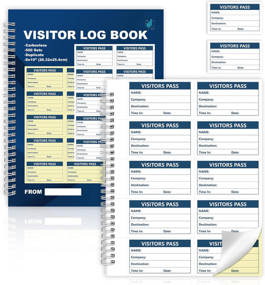 1 Pack of 500 Visitor Badges Registry Log with Carbonless Copy 2-Part Letter Size Visitor Log Book Spiral-Bound Self Visitor Badges Guest Register Book for Business or School (1)
