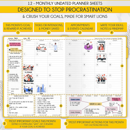 Life Planner - Undated Daily, Weekly & Monthly Planner with Budget Section | A 12 Month Journey to Increase Productivity & Happiness | Life Organizer & Gratitude Journal - Horizontal Format