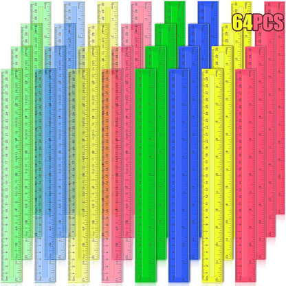 Ruler, 64 Packs 12 Inch Clear Plastic Assorted Color Metric Bulk Rulers with Inches Centimeters Millimeter. Measuring Drawing Tool for Kids, Ideal Back to School Classroom Office Home Supplies