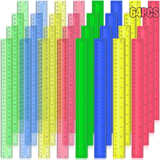 Ruler, 64 Packs 12 Inch Clear Plastic Assorted Color Metric Bulk Rulers with Inches Centimeters Millimeter. Measuring Drawing Tool for Kids, Ideal Back to School Classroom Office Home Supplies