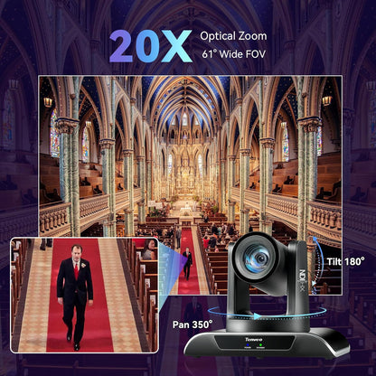 Tenveo NDI PTZ Camera AI Humanoid & Face Auto-Tracking, HDMI/LAN/USB3.0 PoE PTZ Camera 20X Optical Zoom IP Live Streaming, FHD 1080P 60FPS, for Church Services Worship Video Conference Live Streaming