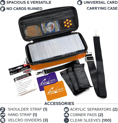 Quiver Time Orange Bolt Card Carrying Case fits Pokemon Cards and other TCG Games - Storage Bag for Playing/Trading Cards and Deck Box (Straps, Dividers & 100 Apollo Card Sleeves)