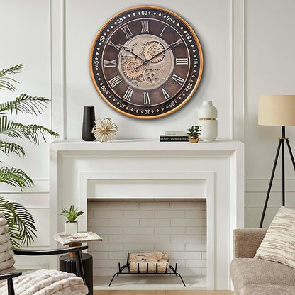 CLXEAST 24 Inch Wall Clock with Moving Gears,Oversized Large Industrial Steampunk Clock, Antique Gold Metal Roman Numeral Wall Clocks for Farmhouse Living Room Decor