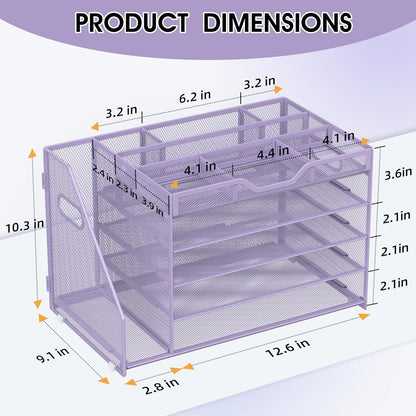 5 Tier Paper Letter Tray with File Holder and 3 Drop-in Pen Holders, Mesh Desk File Organizer with Handle, Desk Organizers and Accessories for School,Home, Office Supplies Storage-Purple