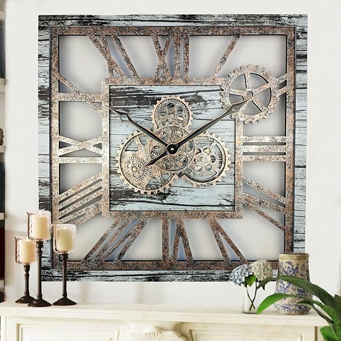 ImprovingLife The Gears Clock 24'' Inch Square Real Moving Gear Wall Clock Vintage Industrial Oversized Rustic Farmhouse (Grey and White)