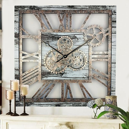 ImprovingLife The Gears Clock 24'' Inch Square Real Moving Gear Wall Clock Vintage Industrial Oversized Rustic Farmhouse (Grey and White)