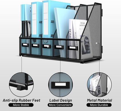 SUPEASY Desk Organizers Metal Desk Magazine File Holder with 16''x12''x12'' 5 Vertical Compartments Rack File Organizer for Office Desktop, Home Workspace, Black Plus