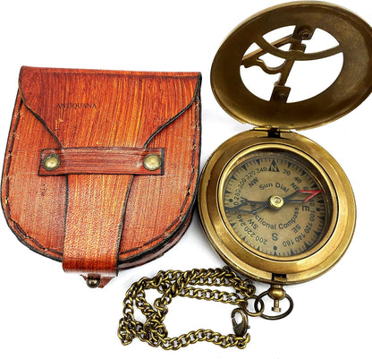 Antique Brass & Copper Sundial Compass, Sundial Clock in Box Gift Sun Clock Ship Replica Watch, Nautical Gifts for Men, Unique Nautical Decor, Naval Maritime Sundial (#6 Antique Push Button)