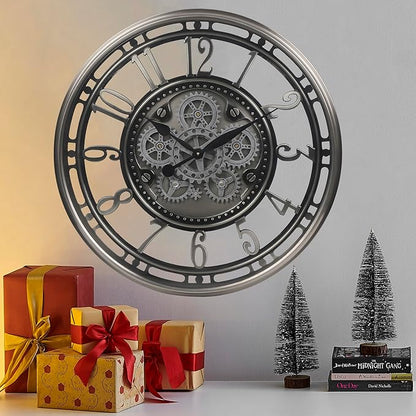 CLXEAST 28 Inch Large Industrial Moving Gear Wall Clock for Living Room Decor, Modern Farmhouse Decorative Clock for Dinning Room,Gunmetal Silver,House Warming Gifts New Home
