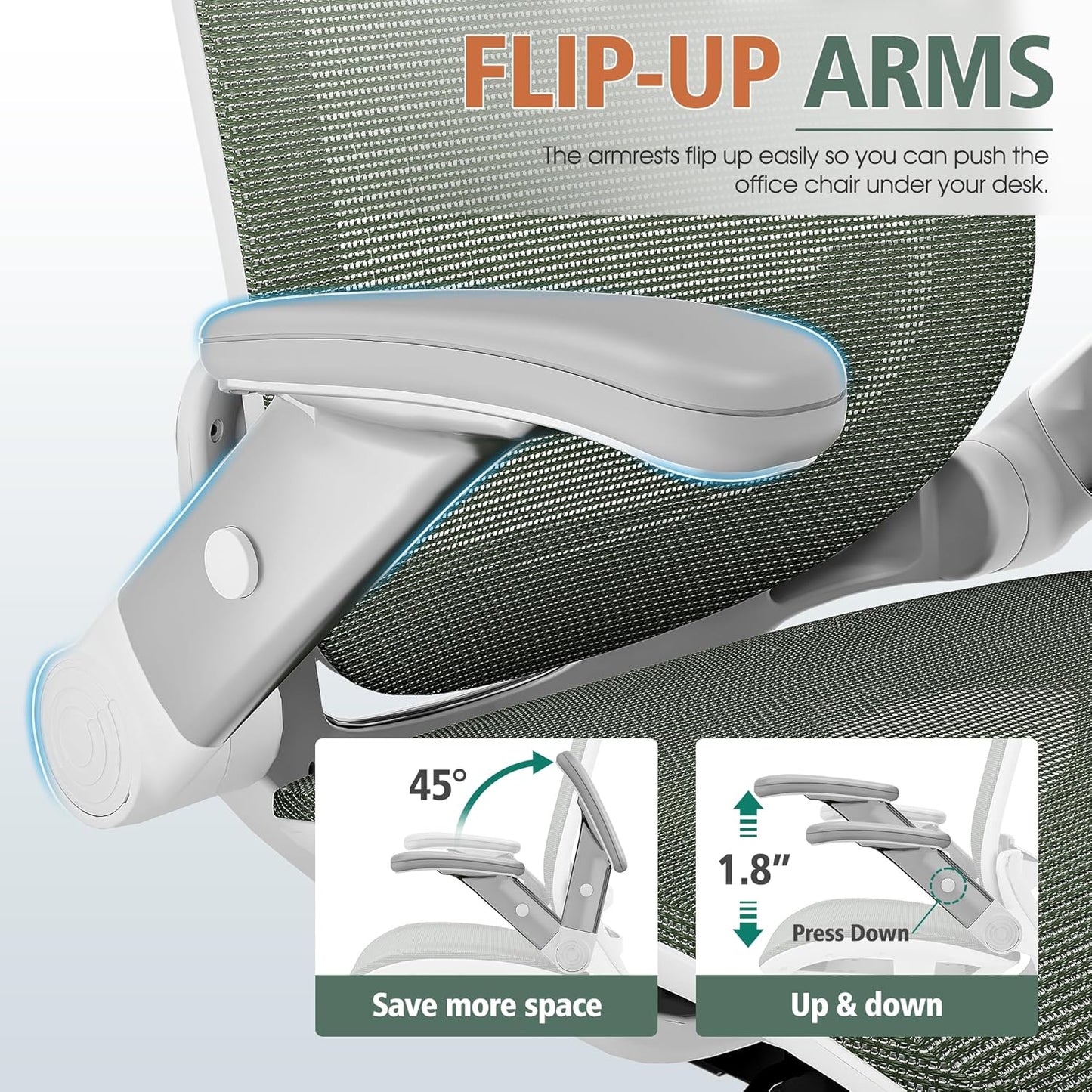 GABRYLLY Ergonomic Office Chair, High Back Home Desk Chair with Headrest, Flip-Up Arms, 90-120° Tilt Lock and Wide Cushion, 400LBS Mesh Chairs for Man Woman, White Task Chair(Olive Green,GY01WOG)