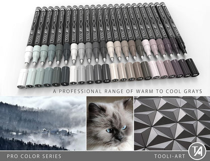 Acrylic Paint Pens 22 Gray Tones Assorted Pro Color Series Markers Set 0.7mm Extra Fine Tip for Rock Painting, Glass, Mugs, Wood, Metal, Canvas, Projects, Non Toxic, Waterbased, Quick Drying