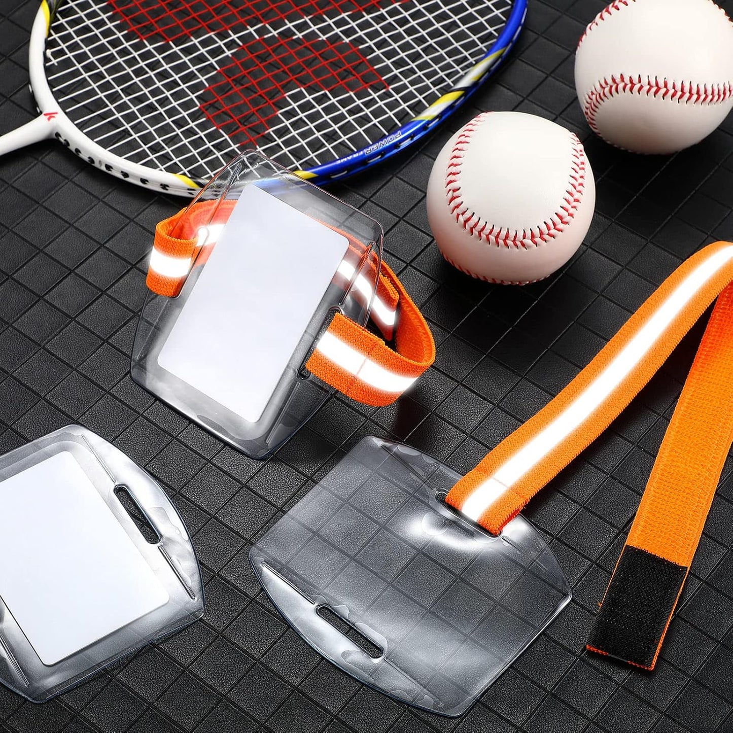 Meanplan 50 Pcs Arm Badge Holder Armband ID Badge Holder Bulk Visibility PVC with Adjustable Belt Elastic Armband Clear Name Tag for Work Pass, Postcards, Universal Size(Orange)