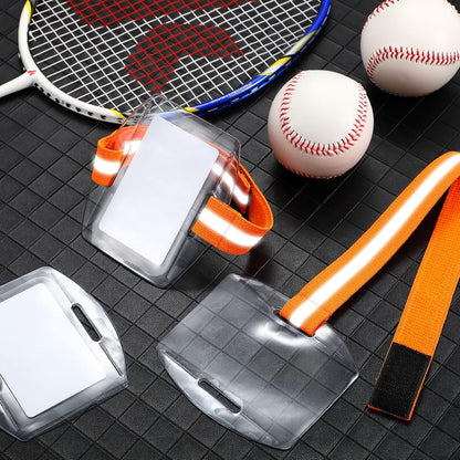 Meanplan 50 Pcs Arm Badge Holder Armband ID Badge Holder Bulk Visibility PVC with Adjustable Belt Elastic Armband Clear Name Tag for Work Pass, Postcards, Universal Size(Orange)