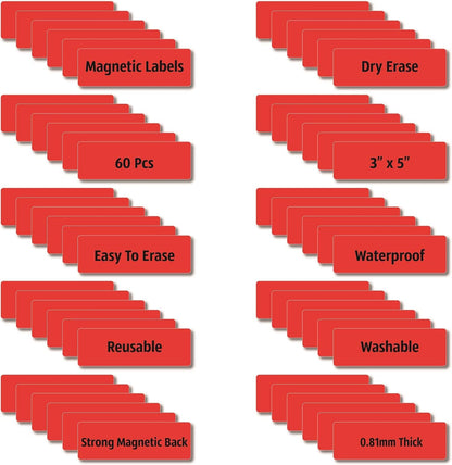 Magnetic Dry Erase Magnets Labels 3x1 inches, Reusable Name Tags, Organizing Schedules in Office/Classroom. Work on Fridge/White Board (Red 60Pcs)