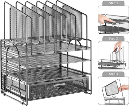 Marbrasse Desk Organizers, 4-Tier Mesh Desk File Organizer with 5 Vertical File Holders and 2 Pen Holders, Multifunction Desktop Organizer,Desk Organizers and Accessories for Home Office (Gray)