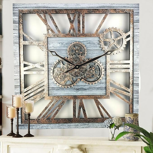 ImprovingLife The Gears Clock 24'' Inch Square Real Moving Gear Wall Clock Vintage Industrial Oversized Rustic Farmhouse (Silver Grey)