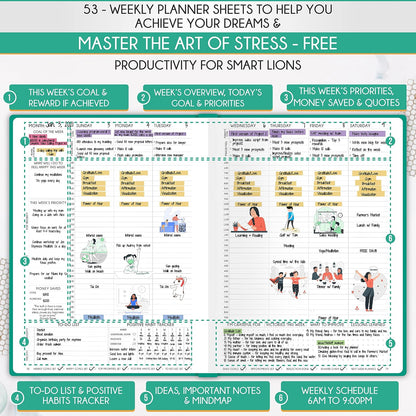 Hourly Planner - Undated Daily, Weekly & Monthly Planner with Budget Section | A 12 Month Journey to Increase Productivity & Happiness | Life Organizer & Gratitude Journal - Horizontal Format