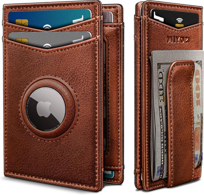 Airtag Wallet for Men- with Money Clip Gift Boxed, Magnetic Closure Slim Genuine Leather Front Pocket Wallet, 4.1"x 2.8", RFID Blocking