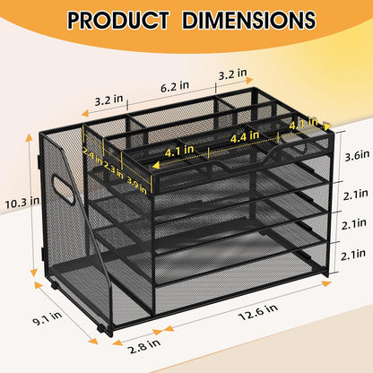 5 Tier Paper Letter Tray with File Holder and 3 Drop-in Pen Holders, Mesh Desk File Organizer with Handle, Desk Organizers and Accessories for School,Home, Office Supplies Storage-Black
