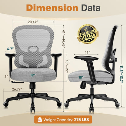 ELABEST Ergonomic Office Chair,Home Desk Chair with Mesh Back,Adjustable Lumbar Support,Built-in Springs Wide Seat,Executive Task Chair with 3-D Big Armrests,Tilt Function,Computer Desk Chair (Grey)