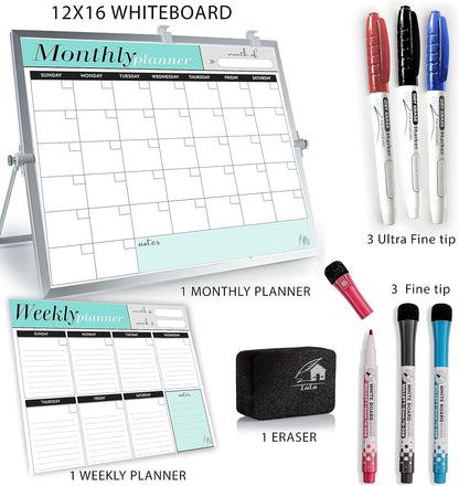 Dry Erase White Board for Desktop & Wall 12"x16" with 2 Magnetic Removable Planners - Weekly & Monthly to Do List Board with Stand, 6 Markers Eraser & Wall Hangers - Portable Double Sided Magnetic