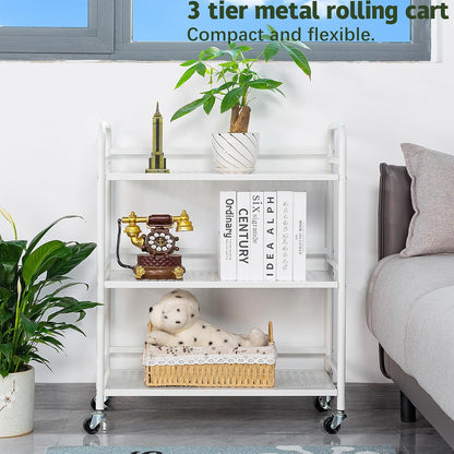HDANI 3 Tier Metal Rolling Heavy Cart Supports 40 Lbs Per Tier,Rolling Cart with 2 Lockable Wheels for Office,Home,Bedroom,Kitchen,Bathroom(White)…