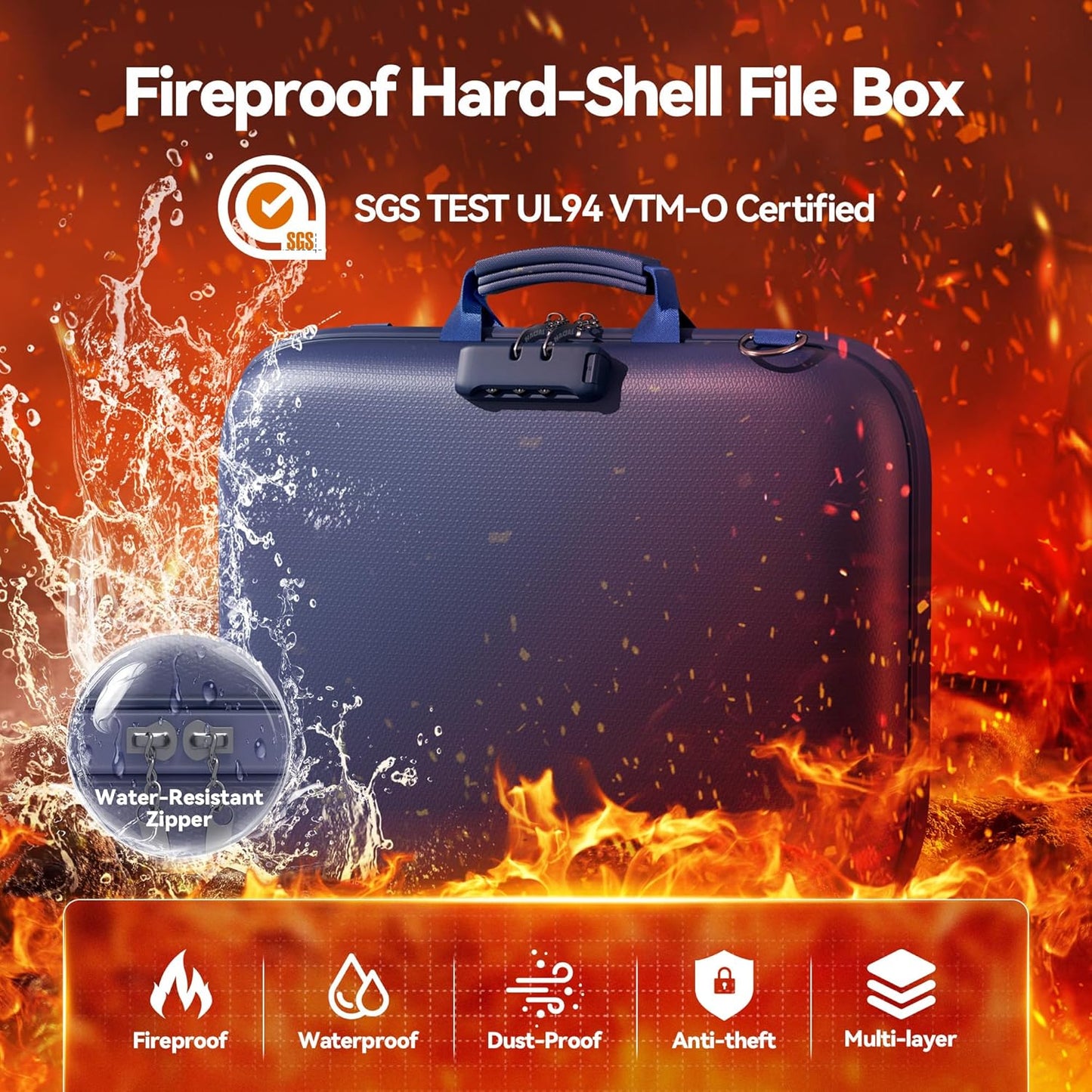 Nacial Fireproof Document Box with Lock & Shoulder Strap, Hard-Shell Fireproof File Organizer with 13 Pocket Accordion File Folder, Portable Safe Storage for Important Documents, Laptop, Blue
