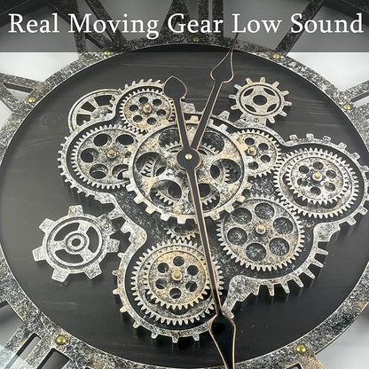 24 Inch Moving Gear Wall Clock, Oversized Wall Clocks, Clock Living Room Decor, Solid Wood Frame, Battery Operated, Large Wall Clock with Steampunk Industrial for Fireplace(Black)