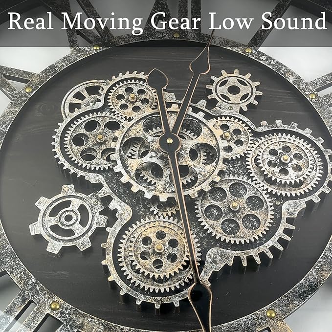 27 Inch Moving Gear Wall Clock, Oversized Wall Clocks, Clock Living Room Decor, Solid Wood Frame, Battery Operated, Large Wall Clock with Steampunk Industrial for Fireplace(Black)