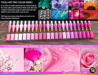 TOOLI-ART 22 Acrylic Paint Markers Paint Pens Pro Color Series Set 3mm Medium Tip for Rock Painting, Glass, Mugs, Wood, Metal, Glass Paint, Canvas, DIY. Non Toxic, Waterbased, Quick Drying (PINK)