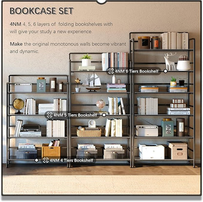4NM No Assembly Extra Wide 5 Tiers Folding Bookshelf Storage Shelves Vintage Bookcase Standing Racks Study Organizer Home Office (All Black)