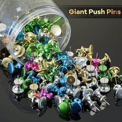 Outus 100 Pcs Giant Push Pins Large Thumb Tacks Plastic Heads 1 Inch Jumbo Push Pins for Cork Board Map Posters Office School(Purplish Red, Gold, Blue, Green, Silver)