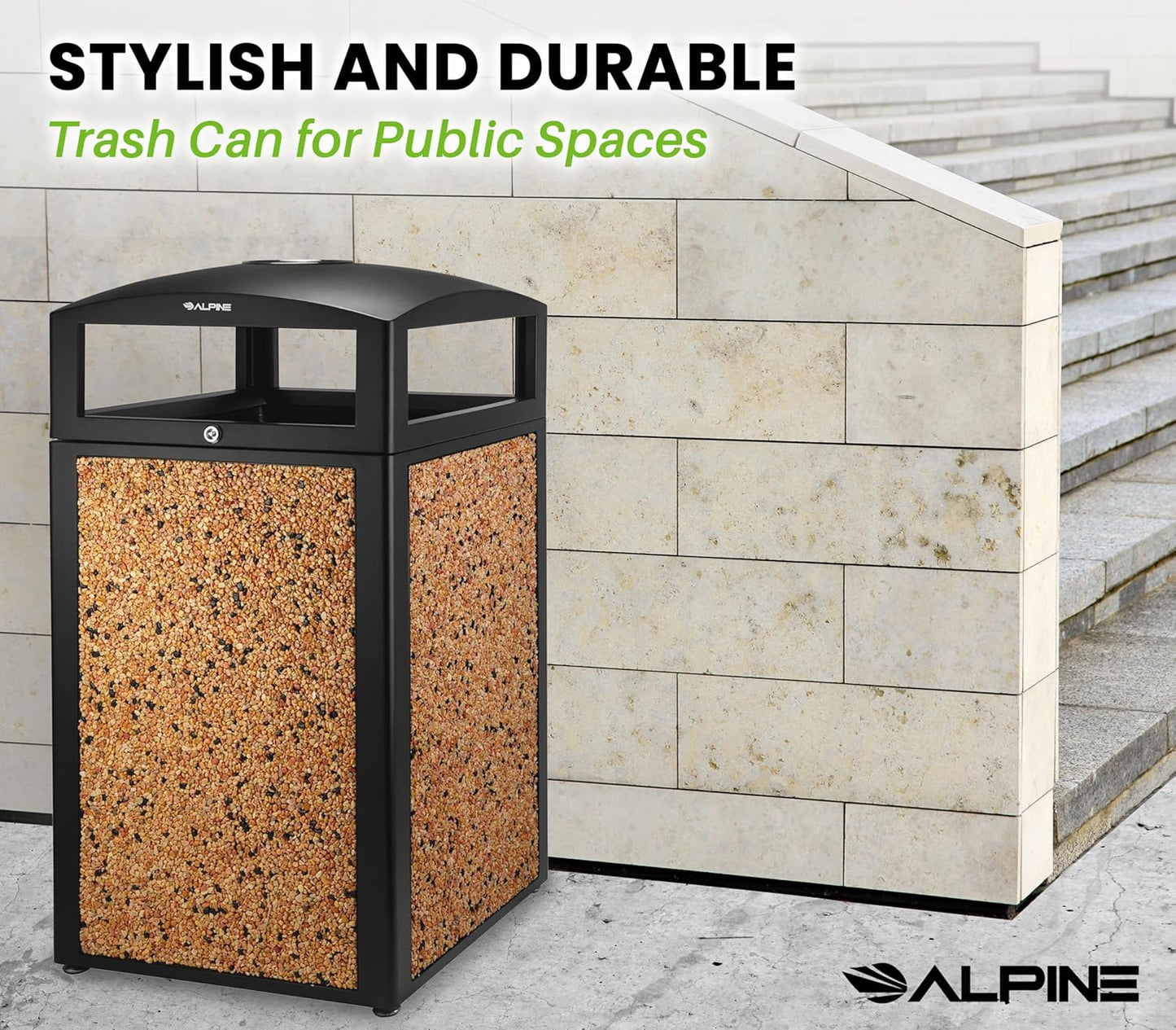 Alpine Outdoor Commercial Trash Can with Lid - 40 Gallon Heavy Duty Metal Garbage Can with Removable Bin, Locking Lid & a Modern Look in Park & High Traffic Areas (Black, Brown Stone Panels with Tray)
