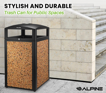 Alpine Outdoor Commercial Trash Can with Lid - 40 Gallon Heavy Duty Metal Garbage Can with Removable Bin, Locking Lid & a Modern Look in Park & High Traffic Areas (Black, Brown Stone Panels with Tray)