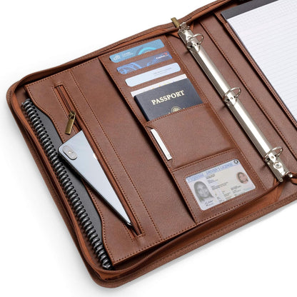 Portfolio Organizer - 3 Ring Binder with Notepad - 1.5 Inch Rings - Zippered Storage Pockets for Papers, Travel Documents, Presentation Folder, Cards, Passport, Tickets - Brown