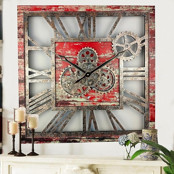 ImprovingLife The Gears Clock 24'' Inch Square Real Moving Gear Wall Clock Vintage Industrial Oversized Rustic Farmhouse (Red Lava)