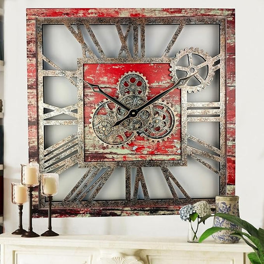 ImprovingLife The Gears Clock 24'' Inch Square Real Moving Gear Wall Clock Vintage Industrial Oversized Rustic Farmhouse (Red Lava)